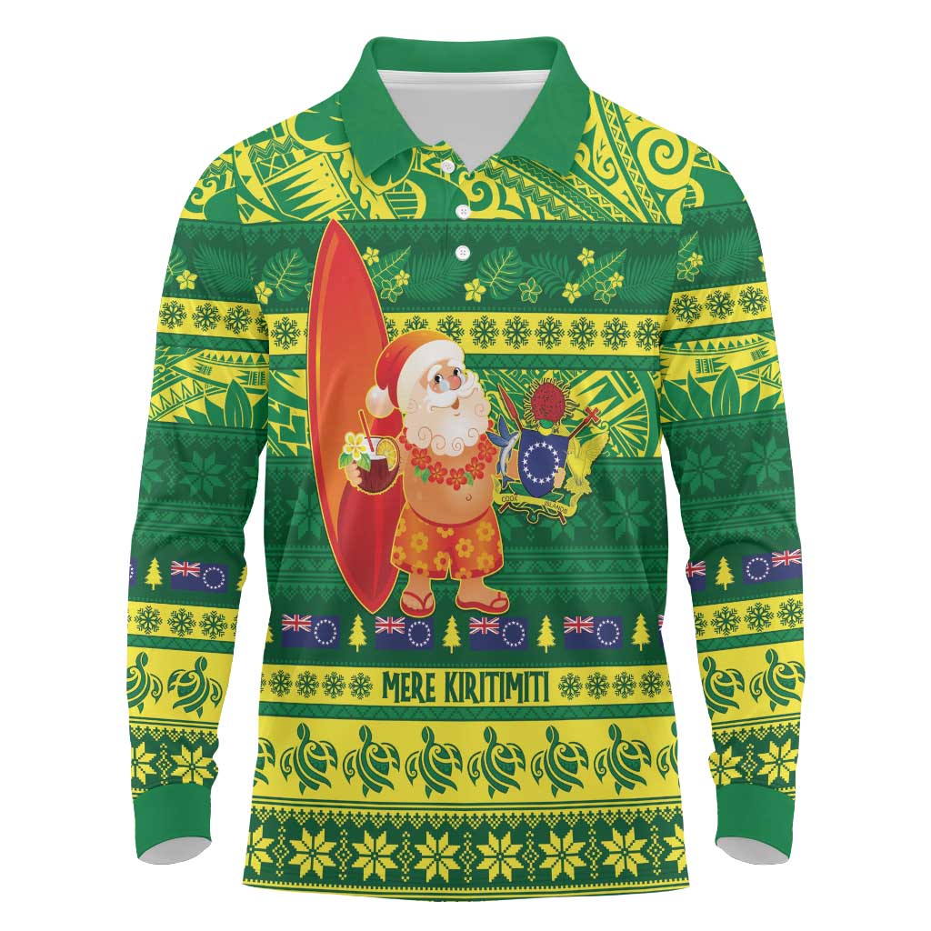 Cook Islands Christmas Long Sleeve Polo Shirt Surfing Santa Mere Kiritimiti - Polynesian Pride