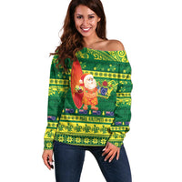 Cook Islands Christmas Off Shoulder Sweater Surfing Santa Mere Kiritimiti - Polynesian Pride