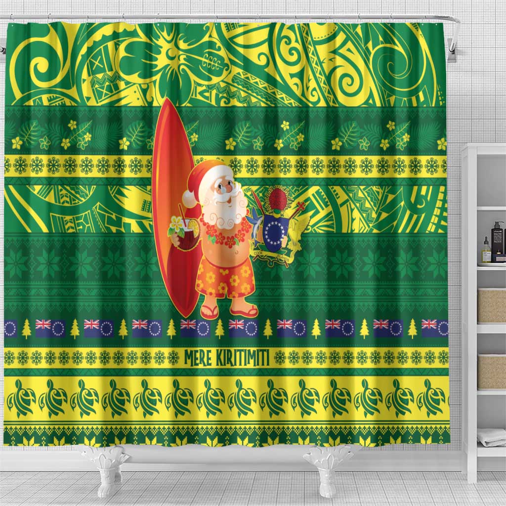 Cook Islands Christmas Shower Curtain Surfing Santa Mere Kiritimiti - Polynesian Pride