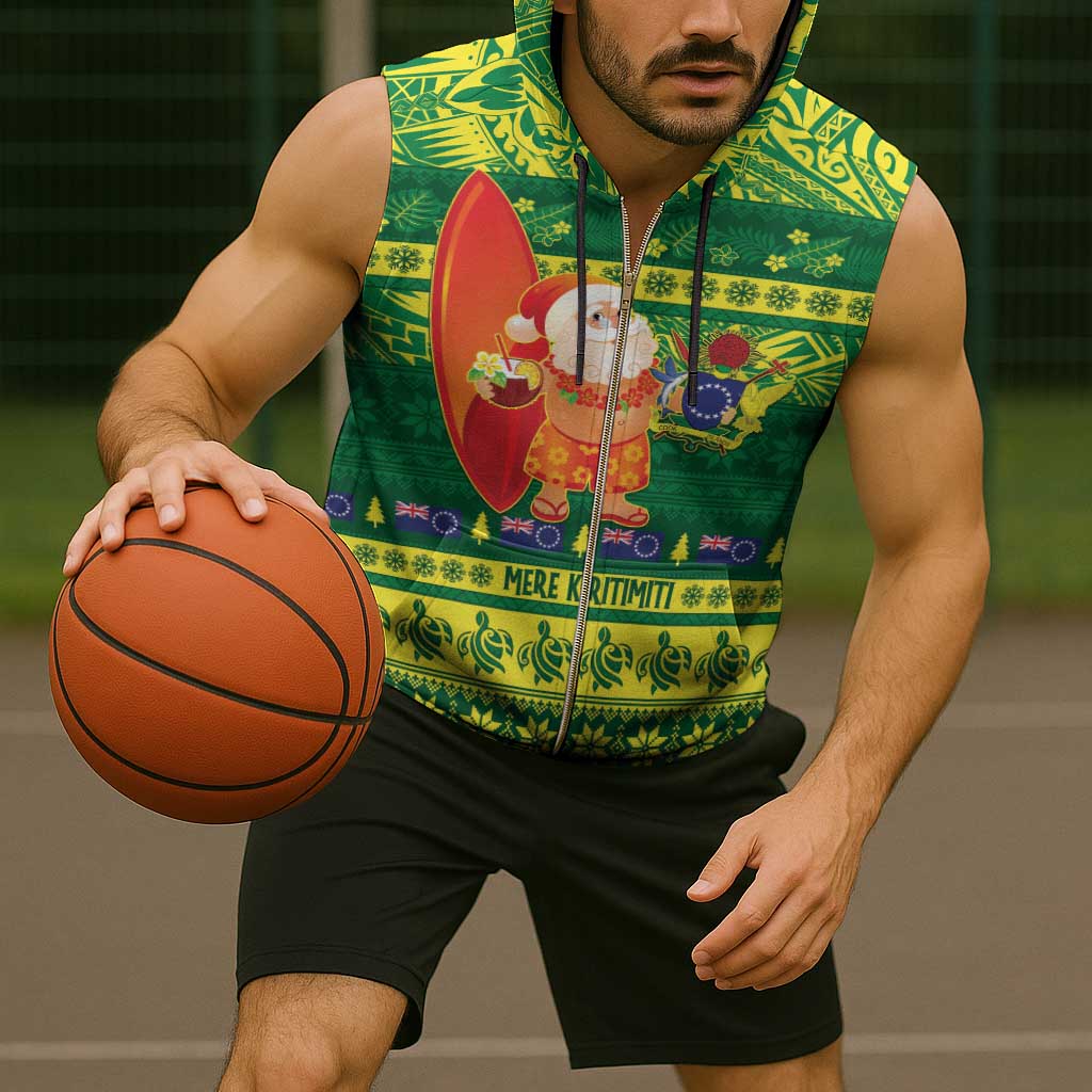 Cook Islands Christmas Sleeveless Zip Hoodie Surfing Santa Mere Kiritimiti - Polynesian Pride