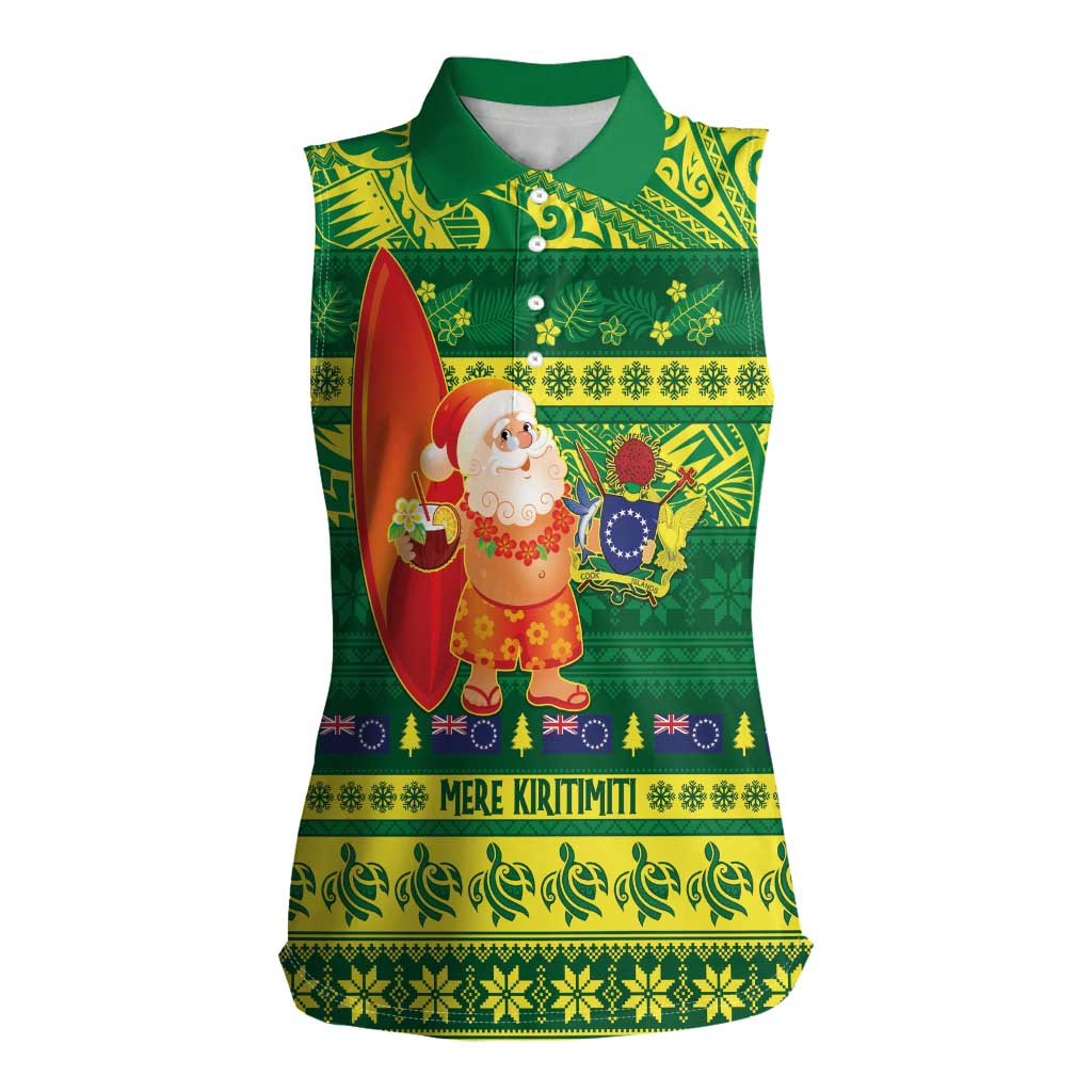 Cook Islands Christmas Women Sleeveless Polo Shirt Surfing Santa Mere Kiritimiti - Polynesian Pride