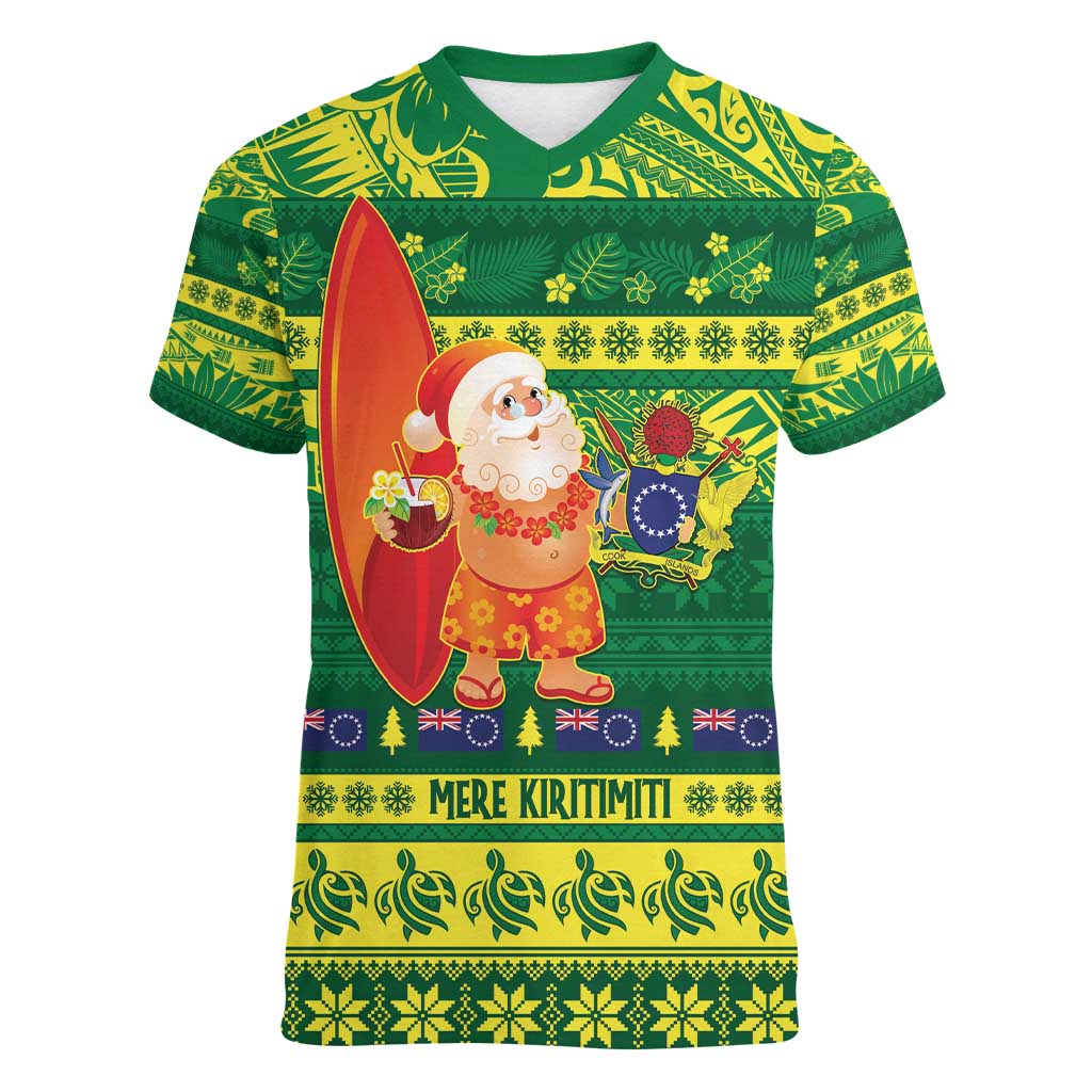 Cook Islands Christmas Women V-Neck T-Shirt Surfing Santa Mere Kiritimiti - Polynesian Pride
