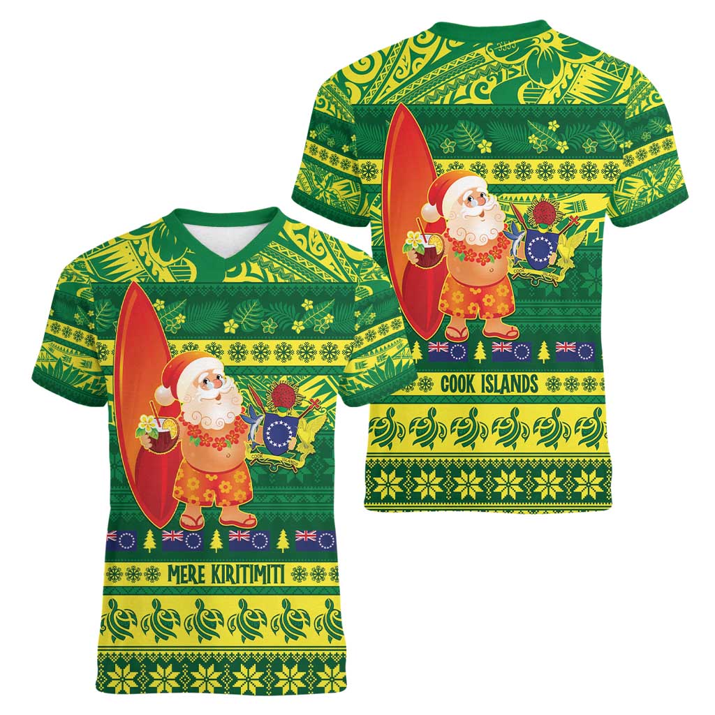 Cook Islands Christmas Women V-Neck T-Shirt Surfing Santa Mere Kiritimiti - Polynesian Pride