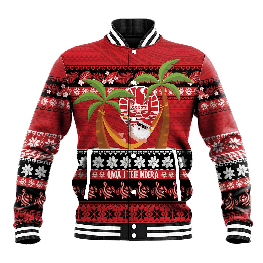 French Polynesia Christmas Baseball Jacket Tiare Chilling Santa Oaoa I teie Noera LT14 Unisex Red - Polynesian Pride