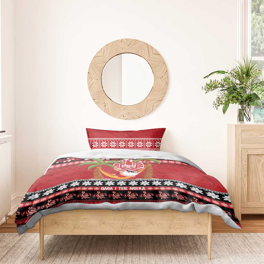 French Polynesia Christmas Bedding Set Tiare Chilling Santa Oaoa I teie Noera - Polynesian Pride