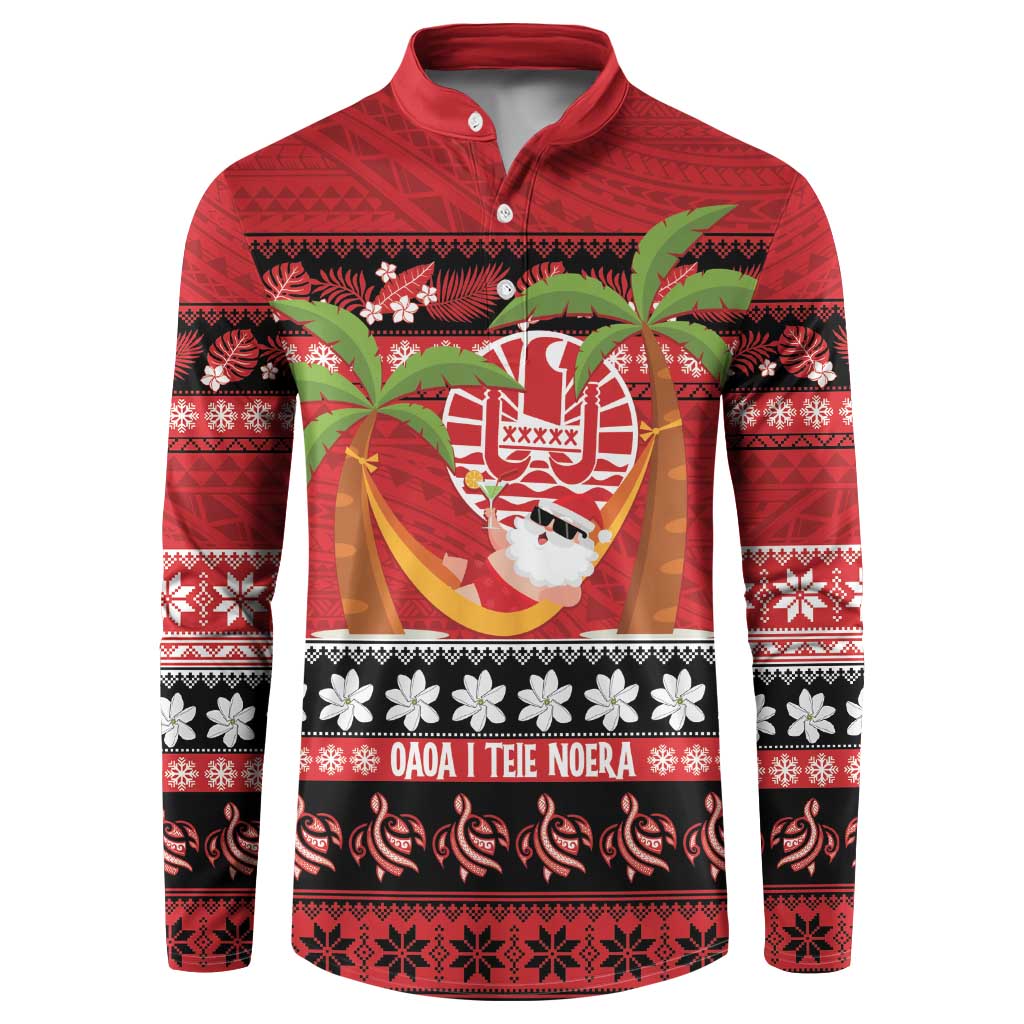 French Polynesia Christmas Button Sweatshirt Tiare Chilling Santa Oaoa I teie Noera LT14 Red - Polynesian Pride
