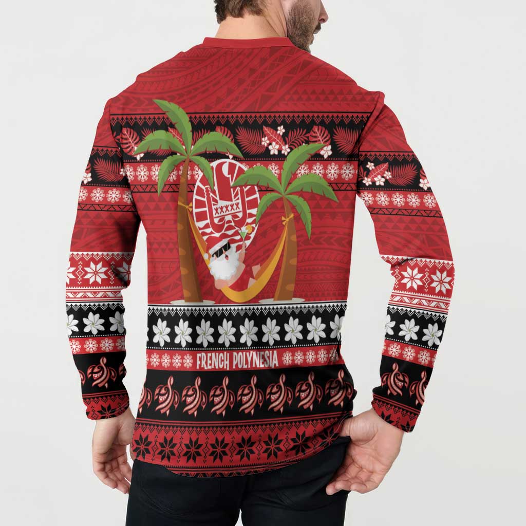 French Polynesia Christmas Button Sweatshirt Tiare Chilling Santa Oaoa I teie Noera LT14 - Polynesian Pride