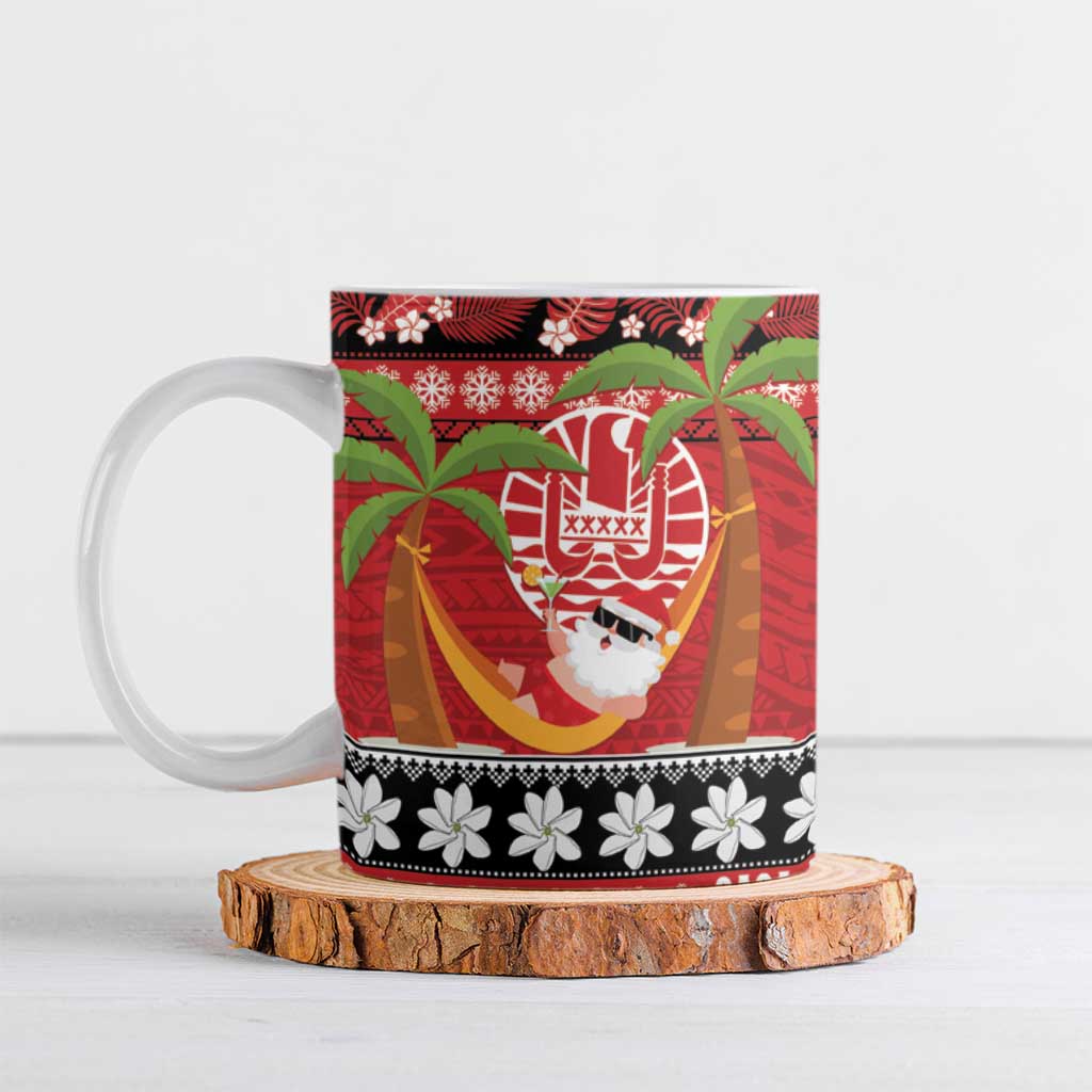 French Polynesia Christmas Ceramic Mug Tiare Chilling Santa Oaoa I teie Noera LT14 Red - Polynesian Pride