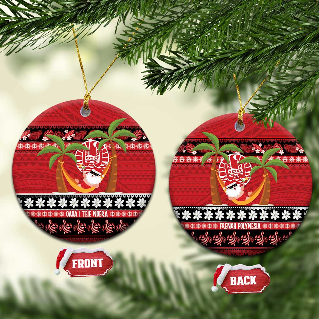 French Polynesia Christmas Ceramic Ornament Tiare Chilling Santa Oaoa I teie Noera LT14 Circle Red - Polynesian Pride