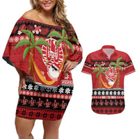 French Polynesia Christmas Couples Matching Off Shoulder Short Dress and Hawaiian Shirt Tiare Chilling Santa Oaoa I teie Noera - Polynesian Pride