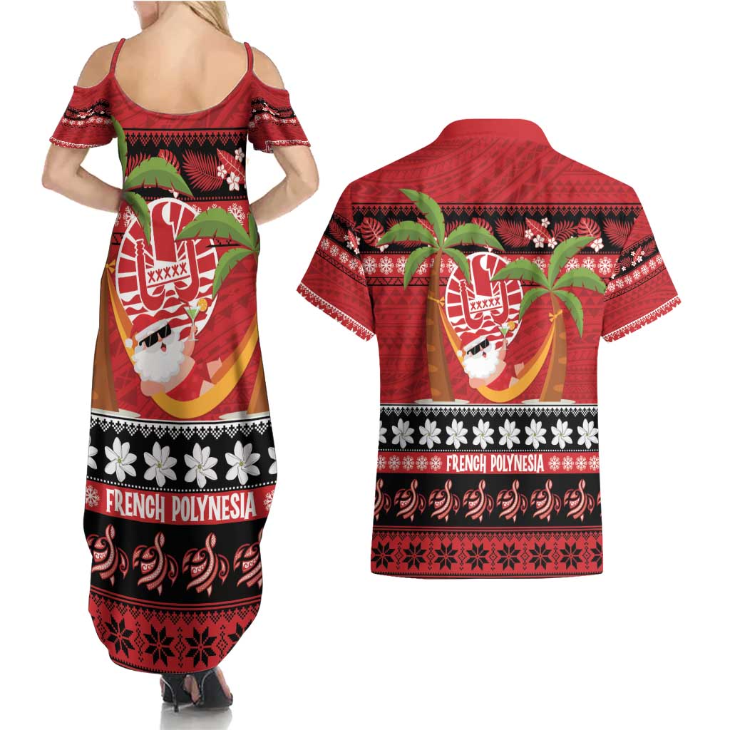 French Polynesia Christmas Couples Matching Summer Maxi Dress and Hawaiian Shirt Tiare Chilling Santa Oaoa I teie Noera - Polynesian Pride
