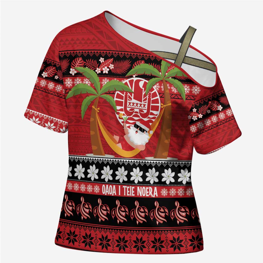 French Polynesia Christmas Cross Shoulder Shirt Tiare Chilling Santa Oaoa I teie Noera LT14 Female Red - Polynesian Pride