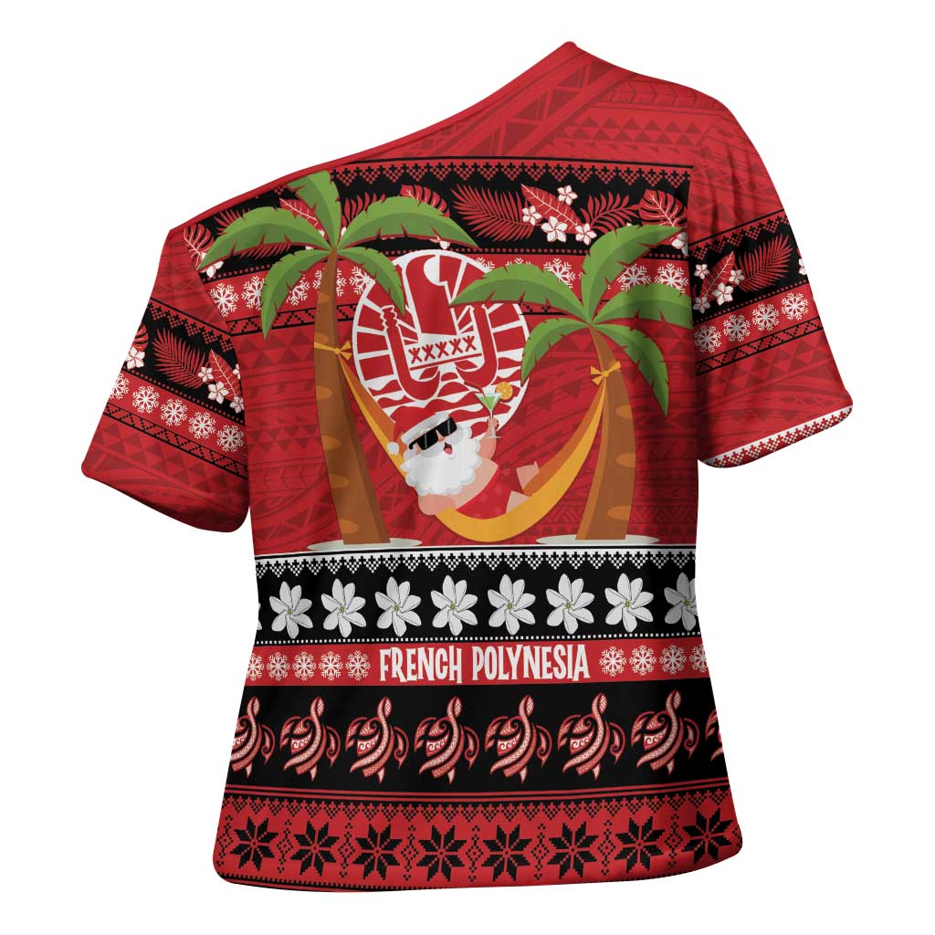 French Polynesia Christmas Cross Shoulder Shirt Tiare Chilling Santa Oaoa I teie Noera LT14 - Polynesian Pride