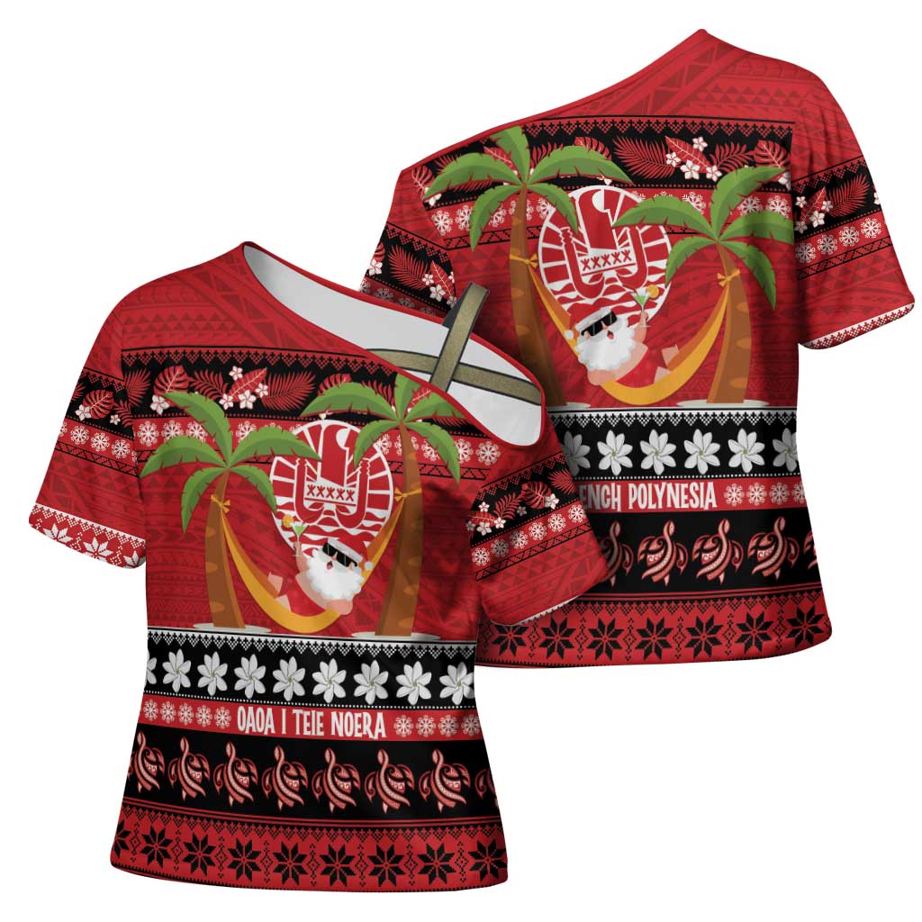 French Polynesia Christmas Cross Shoulder Shirt Tiare Chilling Santa Oaoa I teie Noera LT14 - Polynesian Pride