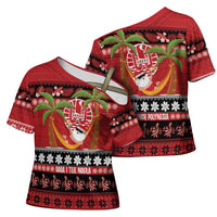 French Polynesia Christmas Cross Shoulder Shirt Tiare Chilling Santa Oaoa I teie Noera LT14 - Polynesian Pride