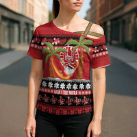 French Polynesia Christmas Cross Shoulder Shirt Tiare Chilling Santa Oaoa I teie Noera LT14 - Polynesian Pride