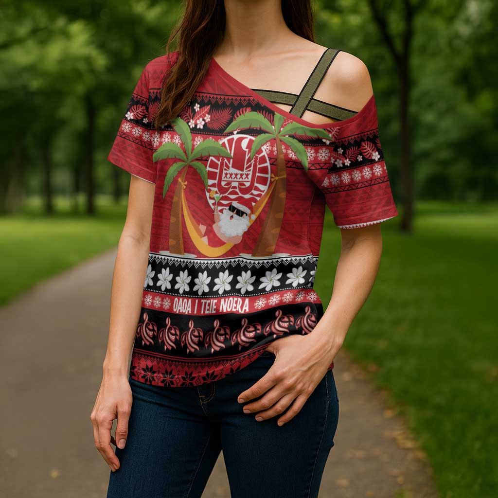 French Polynesia Christmas Cross Shoulder Shirt Tiare Chilling Santa Oaoa I teie Noera LT14 - Polynesian Pride