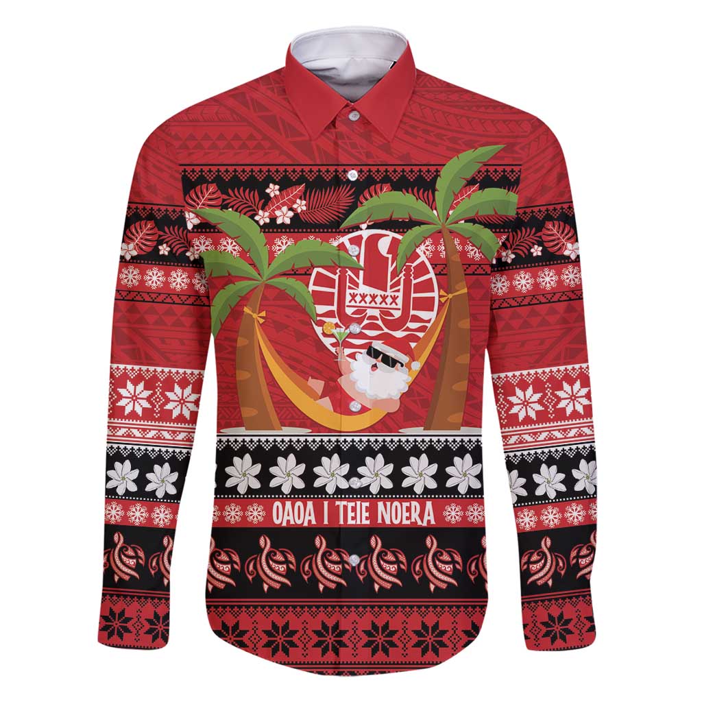 French Polynesia Christmas Family Matching Long Sleeve Bodycon Dress and Hawaiian Shirt Tiare Chilling Santa Oaoa I teie Noera - Polynesian Pride