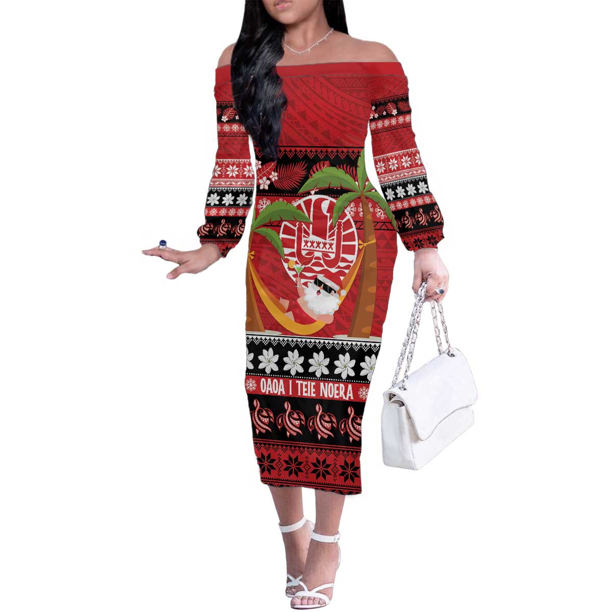 French Polynesia Christmas Family Matching Off The Shoulder Long Sleeve Dress and Hawaiian Shirt Tiare Chilling Santa Oaoa I teie Noera - Polynesian Pride