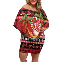 French Polynesia Christmas Family Matching Off Shoulder Short Dress and Hawaiian Shirt Tiare Chilling Santa Oaoa I teie Noera - Polynesian Pride