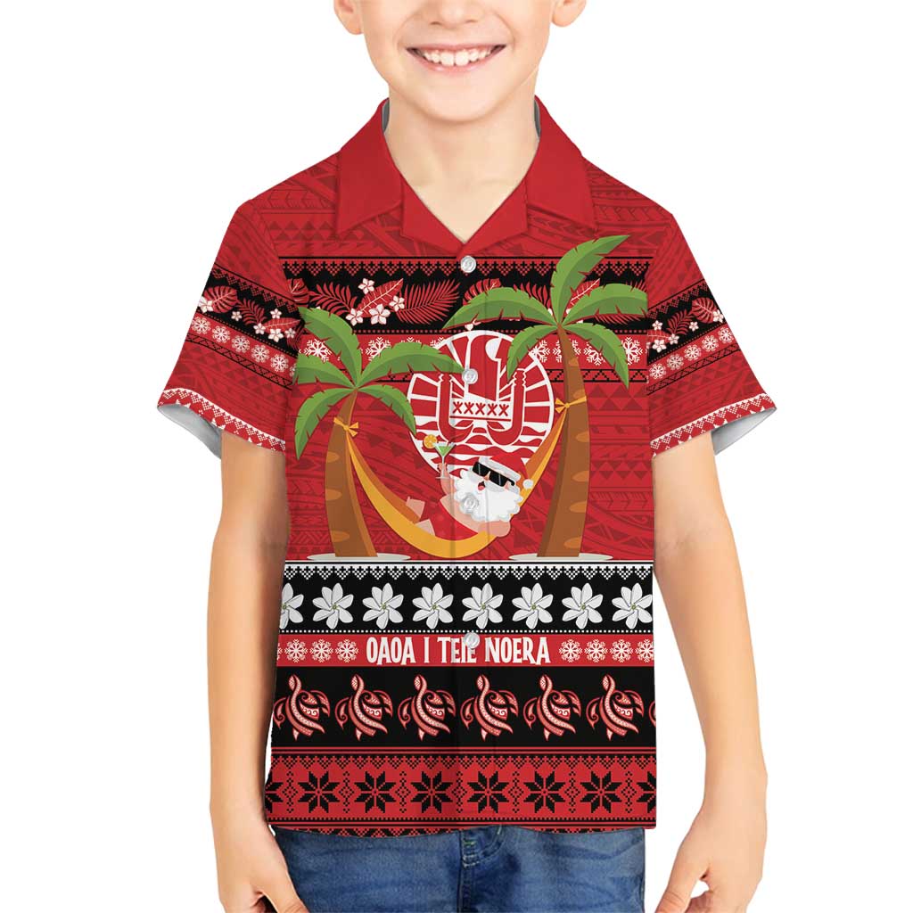 French Polynesia Christmas Family Matching Puletasi and Hawaiian Shirt Tiare Chilling Santa Oaoa I teie Noera - Polynesian Pride