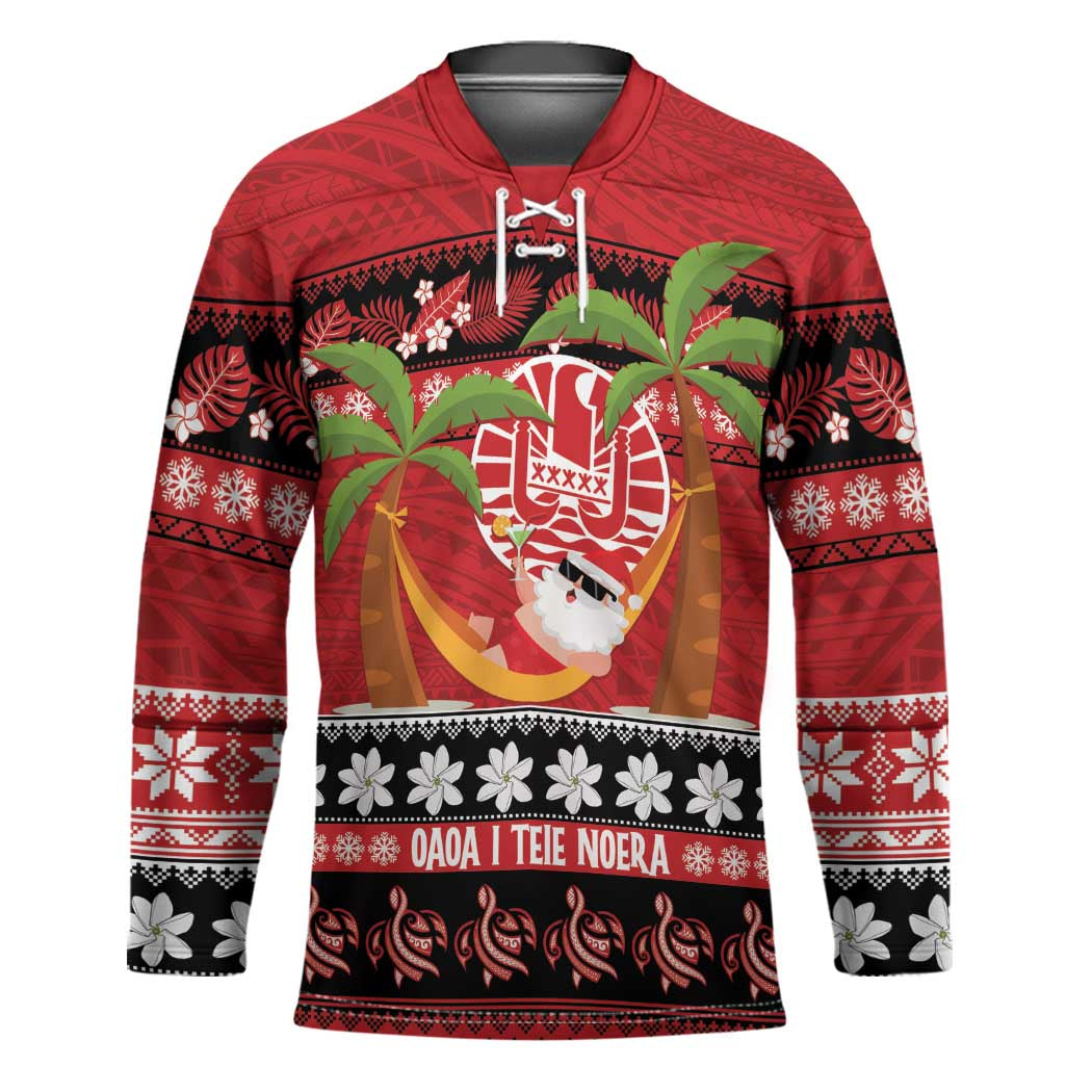 French Polynesia Christmas Hockey Jersey Tiare Chilling Santa Oaoa I teie Noera LT14 Unisex Red - Polynesian Pride