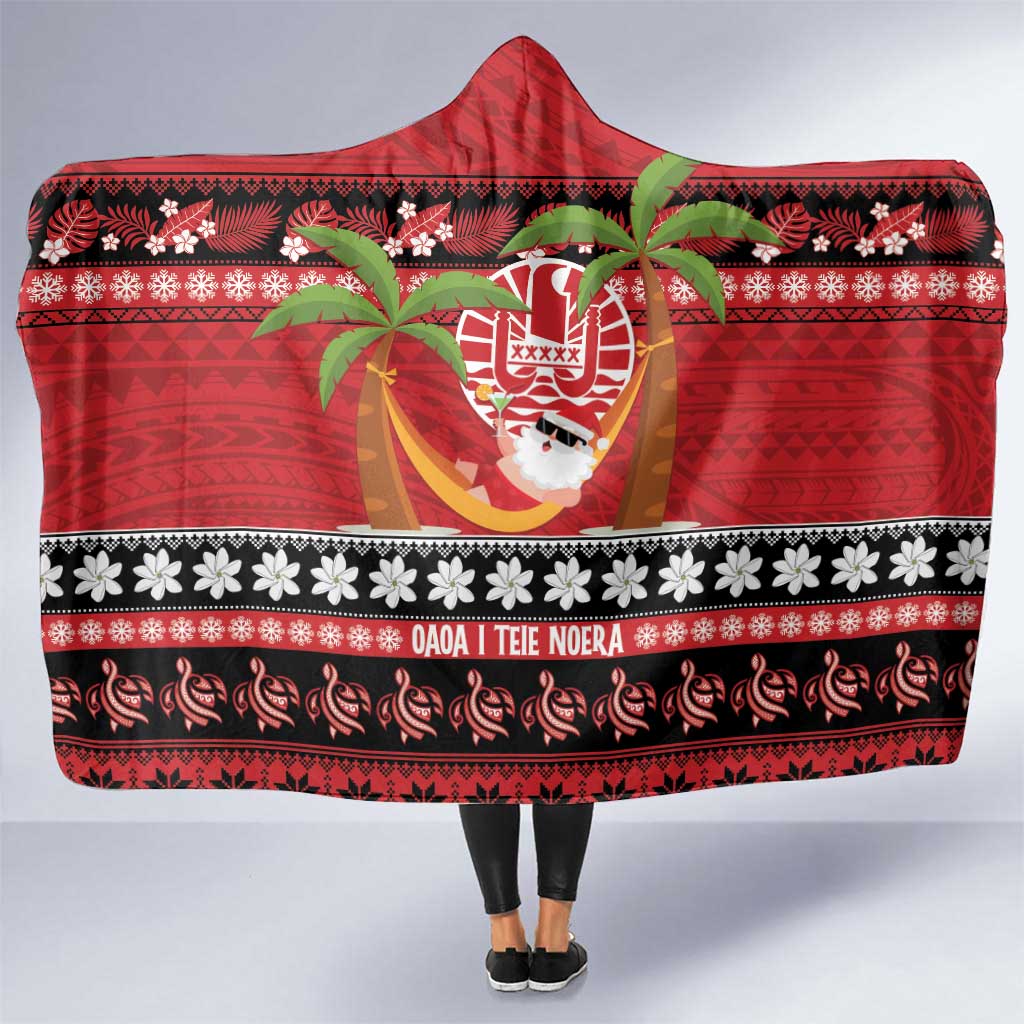 French Polynesia Christmas Hooded Blanket Tiare Chilling Santa Oaoa I teie Noera - Polynesian Pride