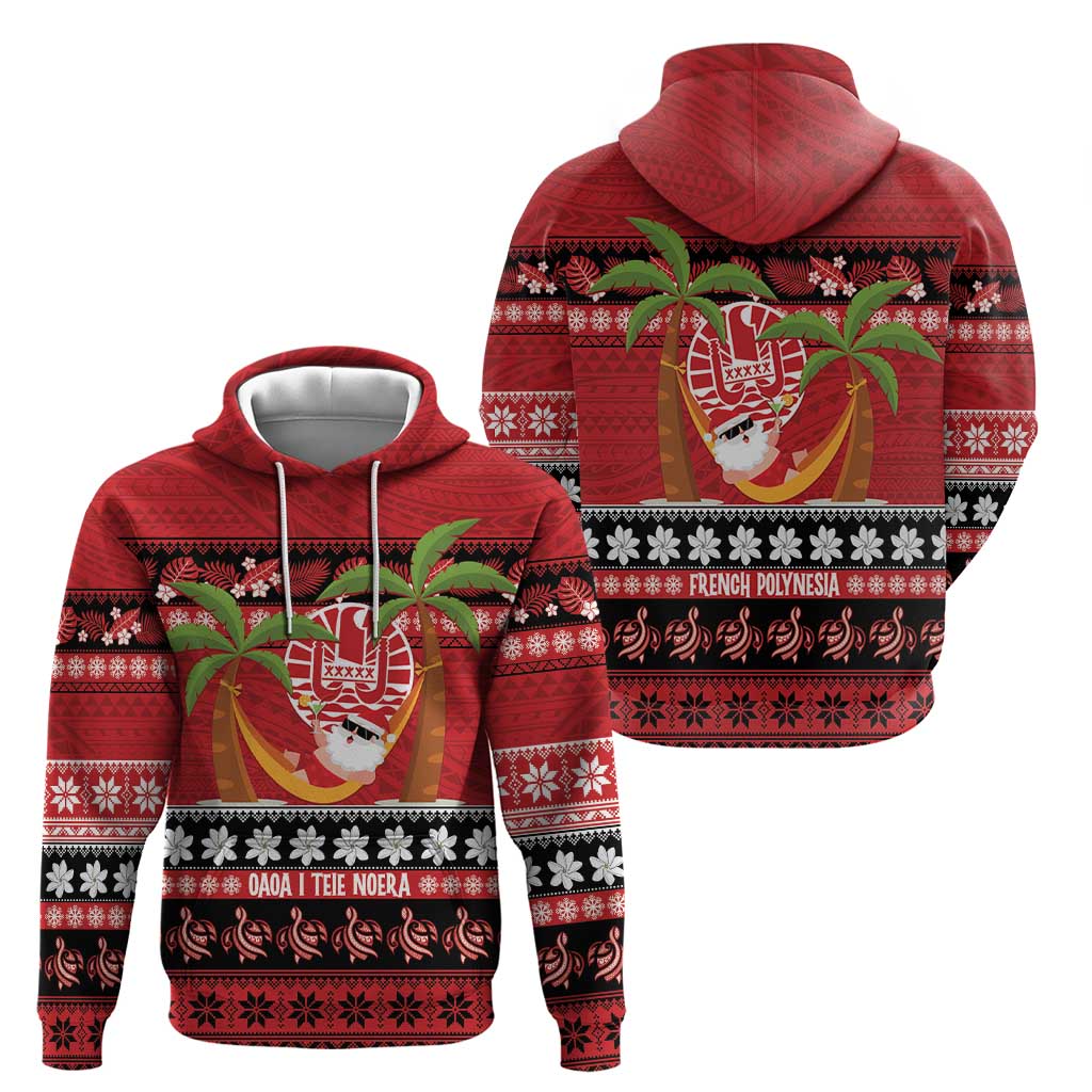 French Polynesia Christmas Hoodie Tiare Chilling Santa Oaoa I teie Noera - Polynesian Pride