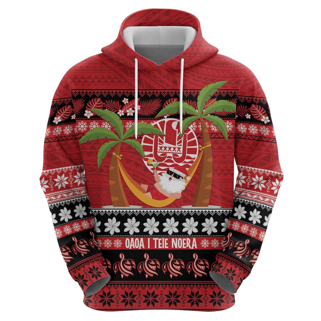 French Polynesia Christmas Hoodie Tiare Chilling Santa Oaoa I teie Noera - Polynesian Pride