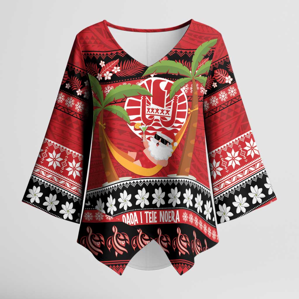 French Polynesia Christmas Kimono Sleeve Blouse Tiare Chilling Santa Oaoa I teie Noera LT14 Female Red - Polynesian Pride