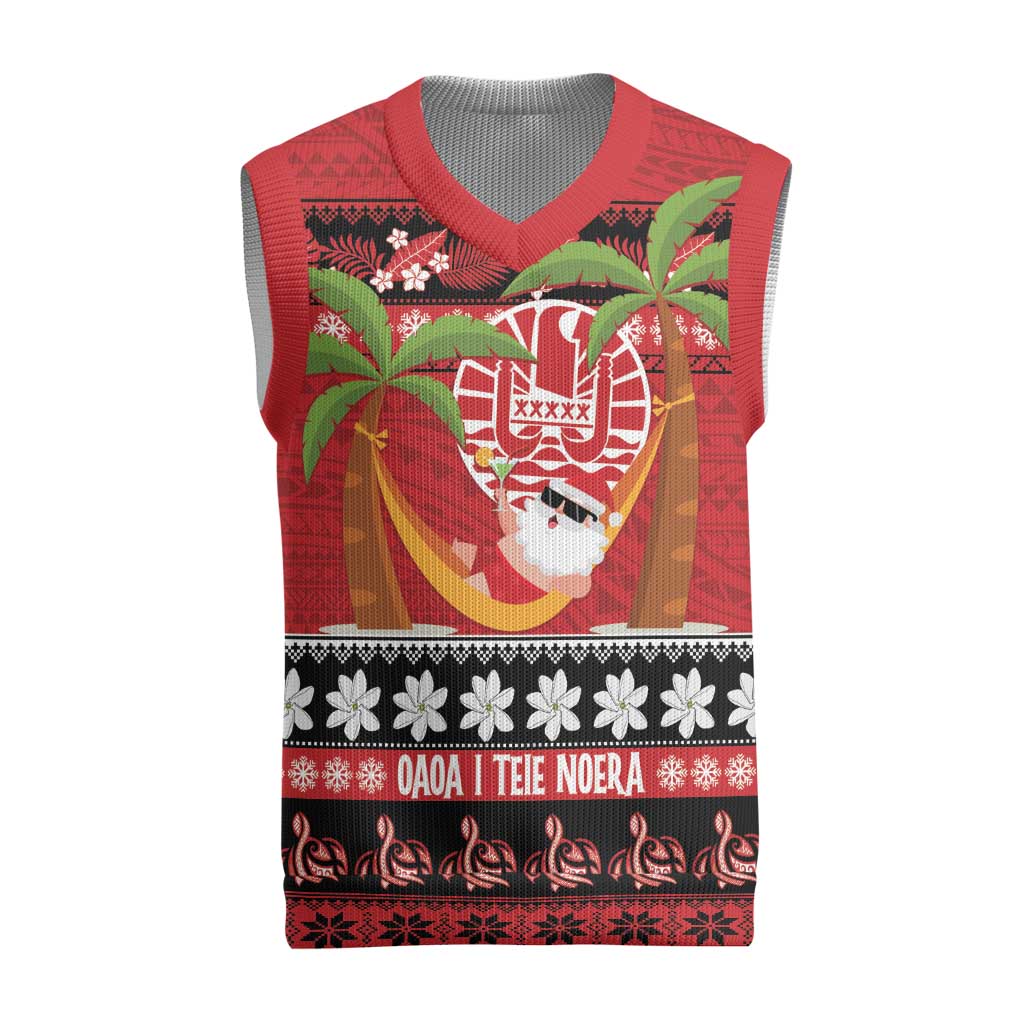 French Polynesia Christmas Knitted V-Neck Vest Tiare Chilling Santa Oaoa I teie Noera LT14 Red - Polynesian Pride