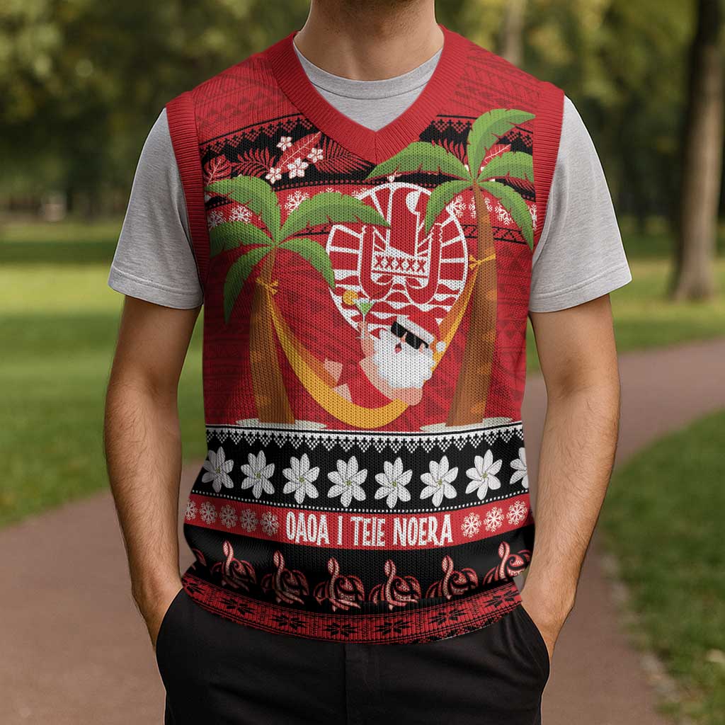 French Polynesia Christmas Knitted V-Neck Vest Tiare Chilling Santa Oaoa I teie Noera LT14 - Polynesian Pride