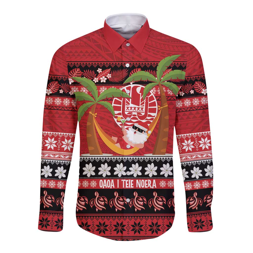 French Polynesia Christmas Long Sleeve Button Shirt Tiare Chilling Santa Oaoa I teie Noera LT14 Unisex Red - Polynesian Pride