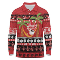 French Polynesia Christmas Long Sleeve Polo Shirt Tiare Chilling Santa Oaoa I teie Noera LT14 Red - Polynesian Pride