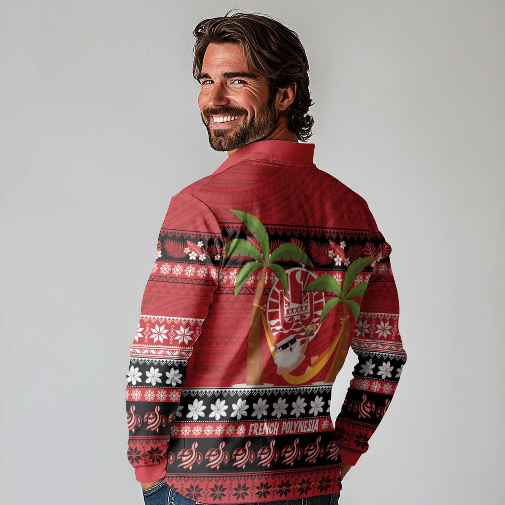 French Polynesia Christmas Long Sleeve Polo Shirt Tiare Chilling Santa Oaoa I teie Noera LT14 - Polynesian Pride