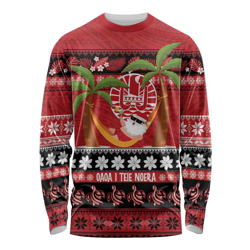 French Polynesia Christmas Long Sleeve Shirt Tiare Chilling Santa Oaoa I teie Noera LT14 Unisex Red - Polynesian Pride