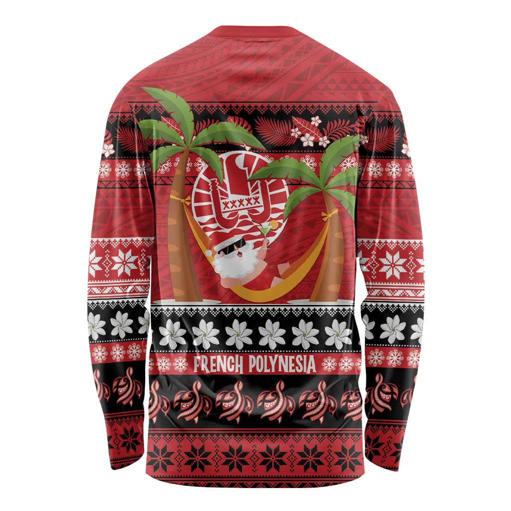 French Polynesia Christmas Long Sleeve Shirt Tiare Chilling Santa Oaoa I teie Noera LT14 - Polynesian Pride
