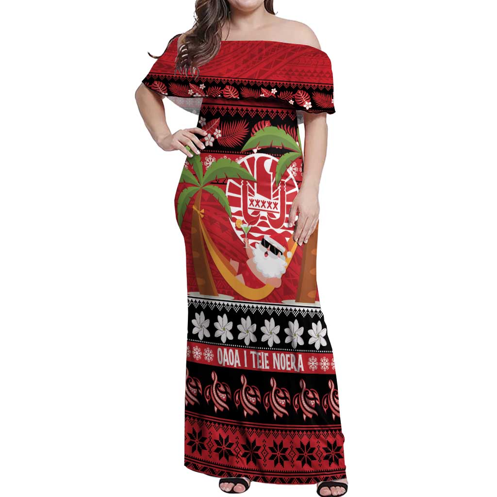French Polynesia Christmas Off Shoulder Maxi Dress Tiare Chilling Santa Oaoa I teie Noera - Polynesian Pride