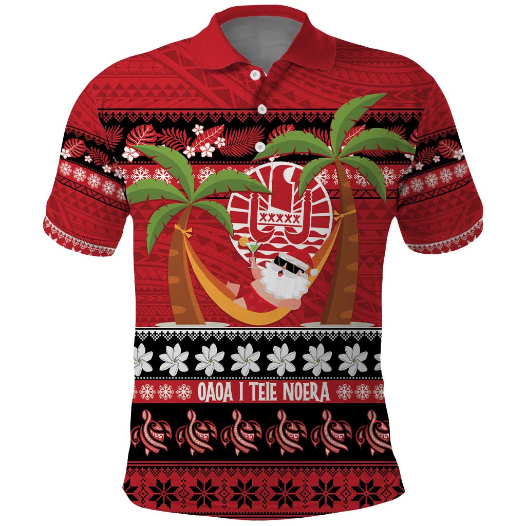 French Polynesia Christmas Polo Shirt Tiare Chilling Santa Oaoa I teie Noera - Polynesian Pride