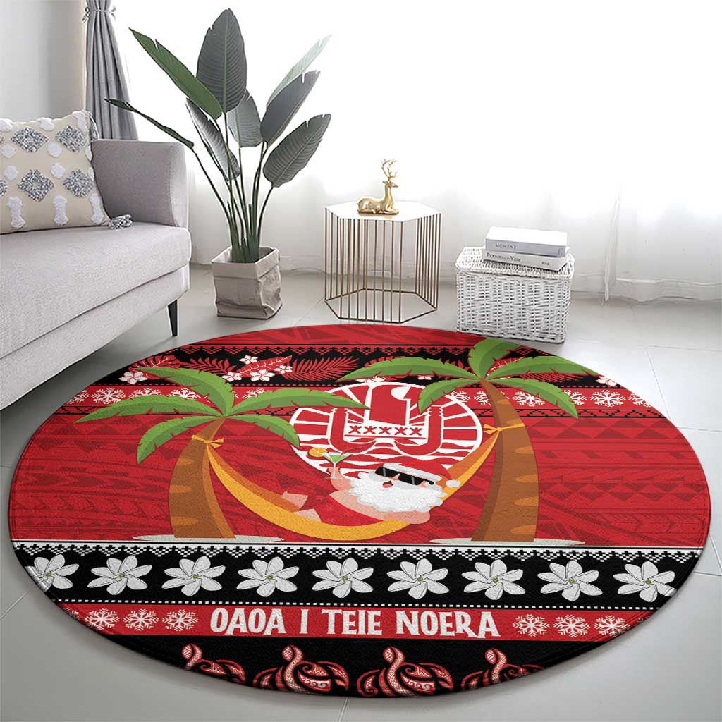French Polynesia Christmas Round Carpet Tiare Chilling Santa Oaoa I teie Noera - Polynesian Pride