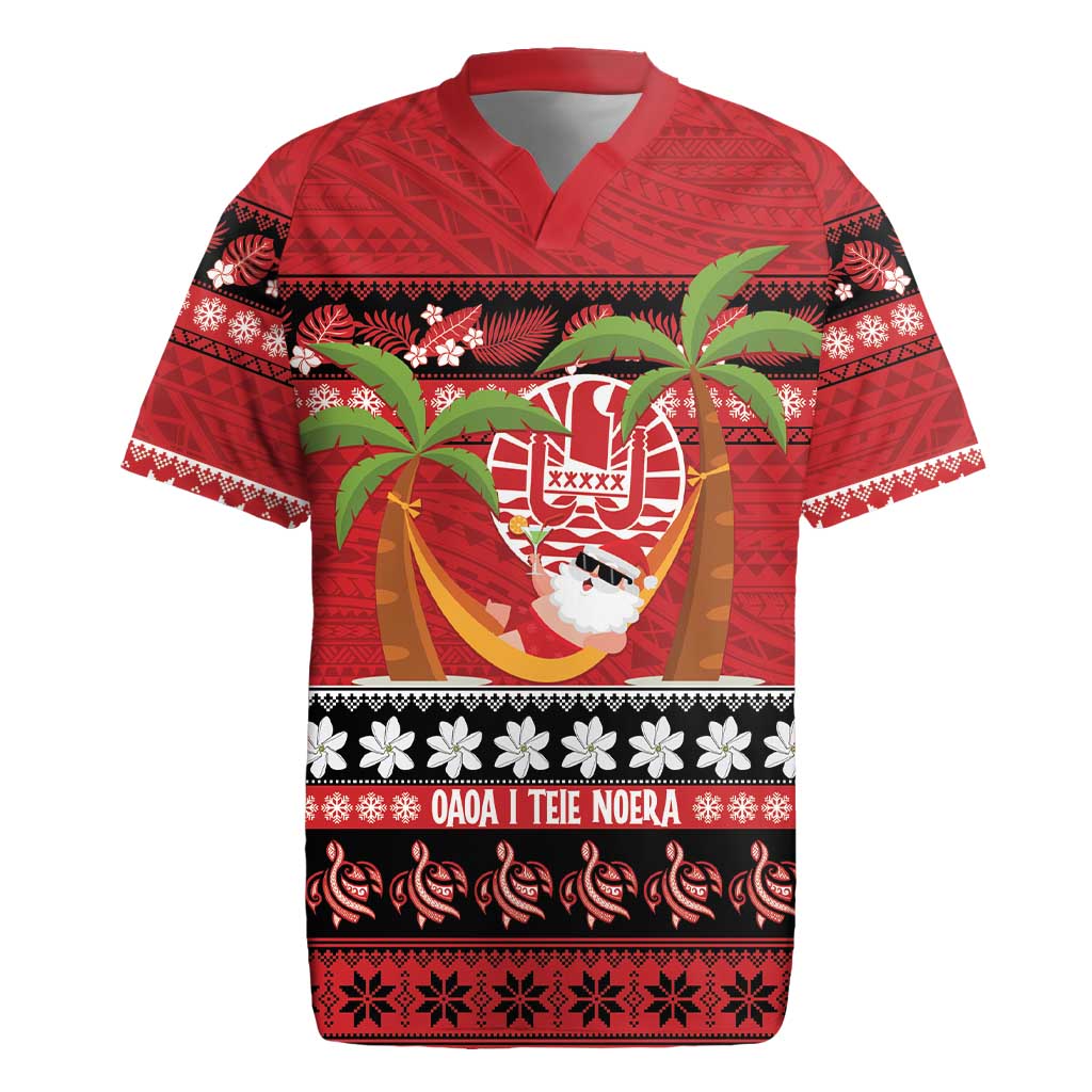 French Polynesia Christmas Rugby Jersey Tiare Chilling Santa Oaoa I teie Noera LT14 Red - Polynesian Pride