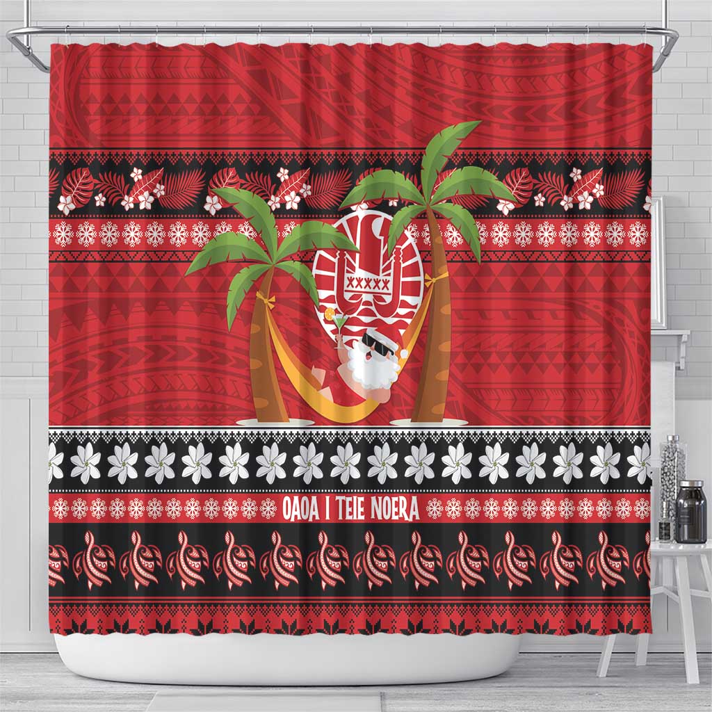 French Polynesia Christmas Shower Curtain Tiare Chilling Santa Oaoa I teie Noera - Polynesian Pride