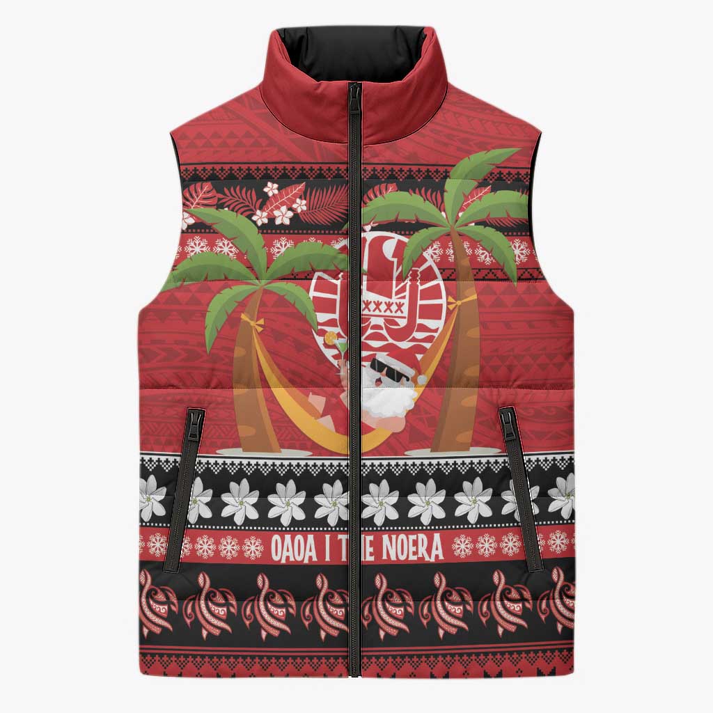 French Polynesia Christmas Sleeveless Puffer Jacket Tiare Chilling Santa Oaoa I teie Noera LT14 Unisex Red - Polynesian Pride