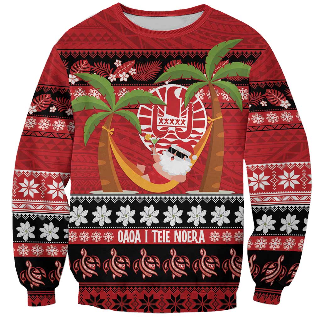 French Polynesia Christmas Sweatshirt Tiare Chilling Santa Oaoa I teie Noera LT14 Unisex Red - Polynesian Pride