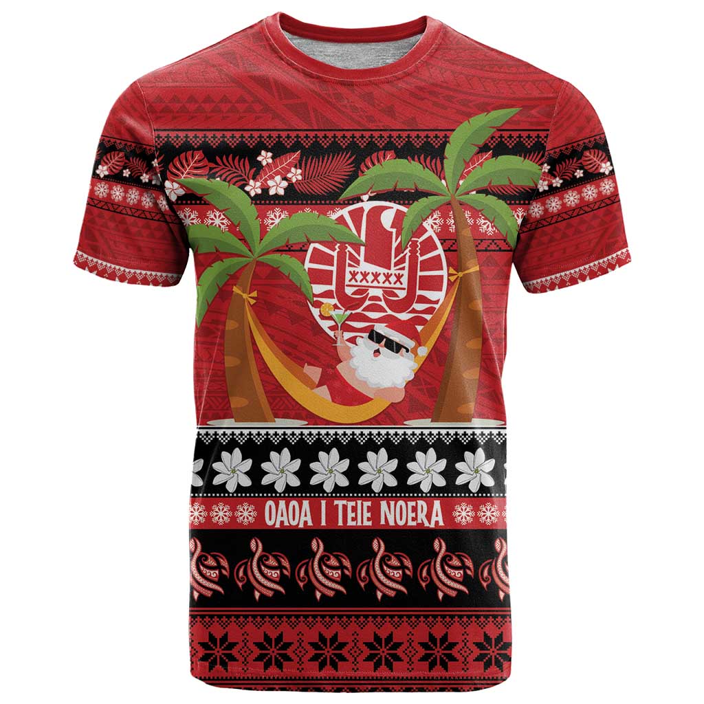 French Polynesia Christmas T Shirt Tiare Chilling Santa Oaoa I teie Noera - Polynesian Pride