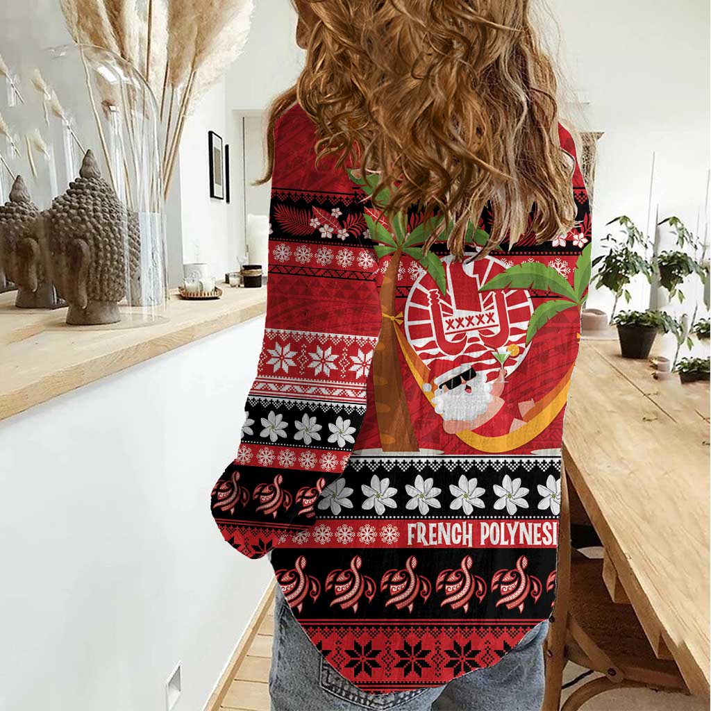 French Polynesia Christmas Women Casual Shirt Tiare Chilling Santa Oaoa I teie Noera - Polynesian Pride