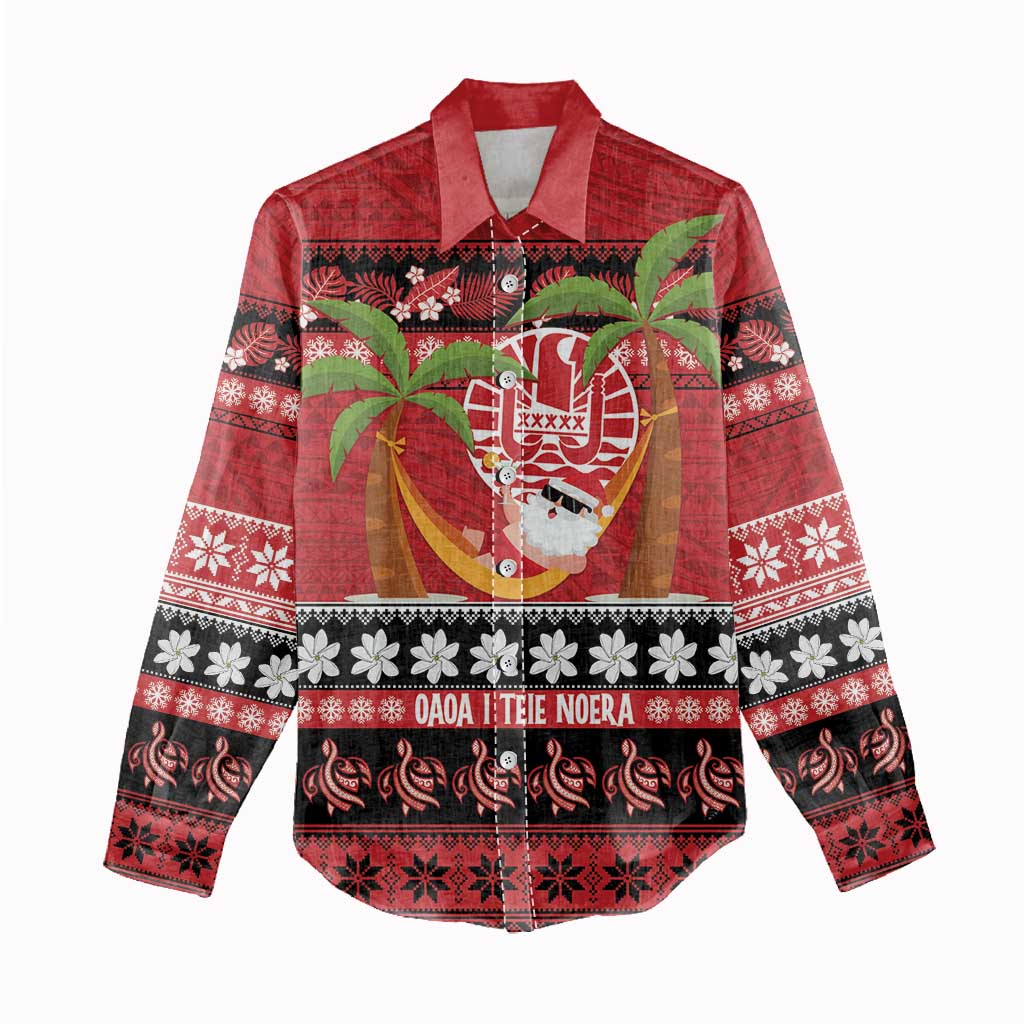 French Polynesia Christmas Women Casual Shirt Tiare Chilling Santa Oaoa I teie Noera - Polynesian Pride