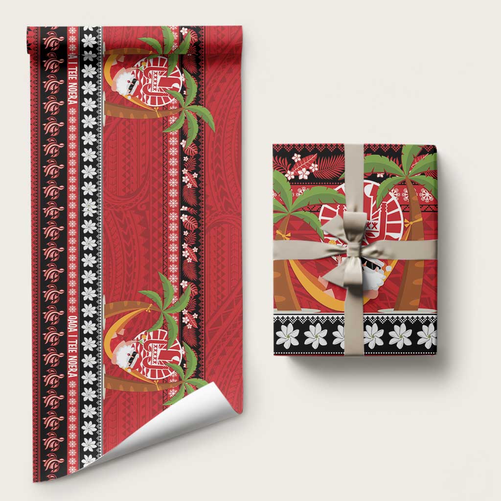 French Polynesia Christmas Wrapping Paper Tiare Chilling Santa Oaoa I teie Noera LT14 58" × 23" Red - Polynesian Pride