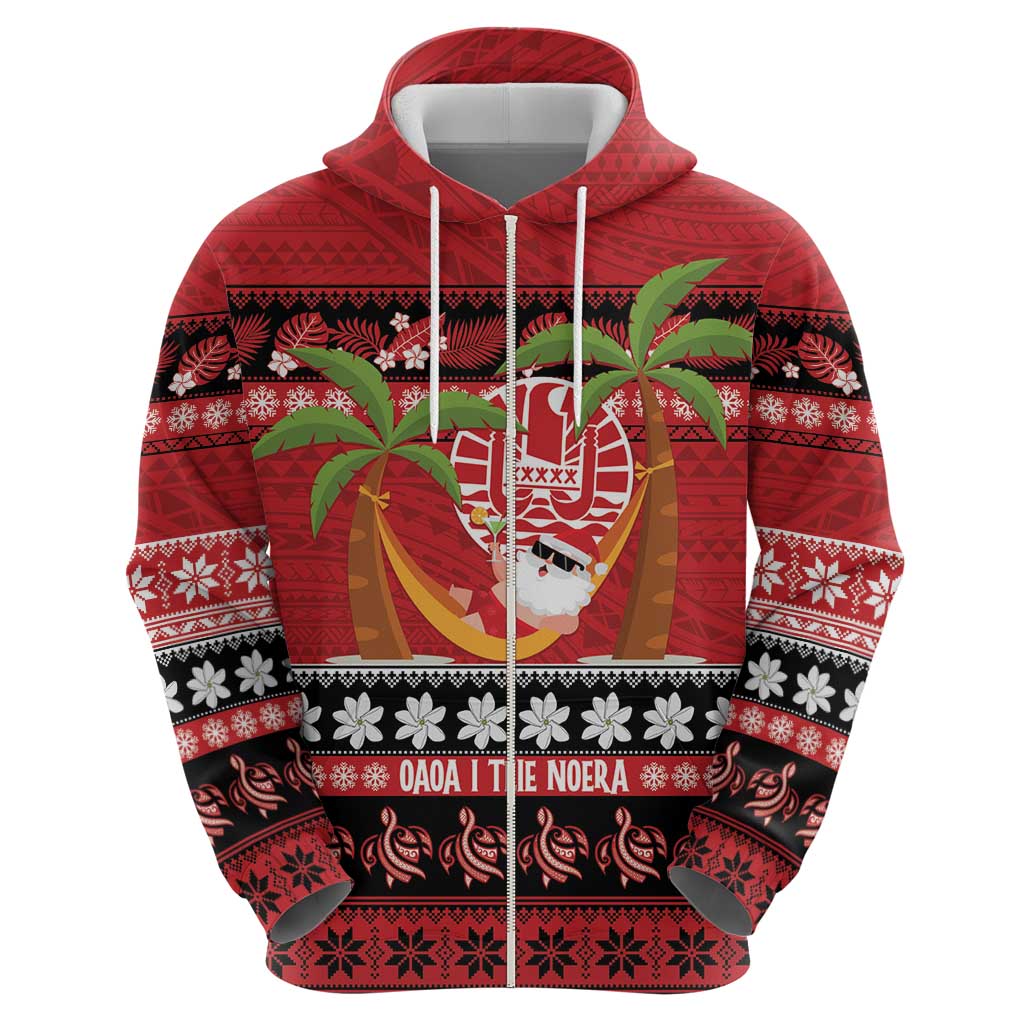 French Polynesia Christmas Zip Hoodie Tiare Chilling Santa Oaoa I teie Noera - Polynesian Pride