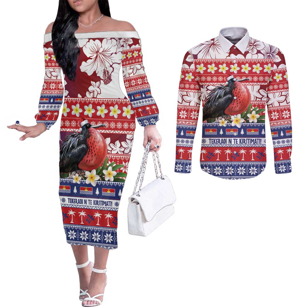 Kiribati Christmas Couples Matching Off The Shoulder Long Sleeve Dress and Long Sleeve Button Shirt Frigatebird Santa Tekeraoi n te Kiritimati - Polynesian Pride
